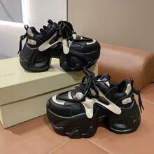 2024新款舒適綁帶休閒女鞋,具厚底平台楔形鞋底設計 - 黑色 - 查看 1