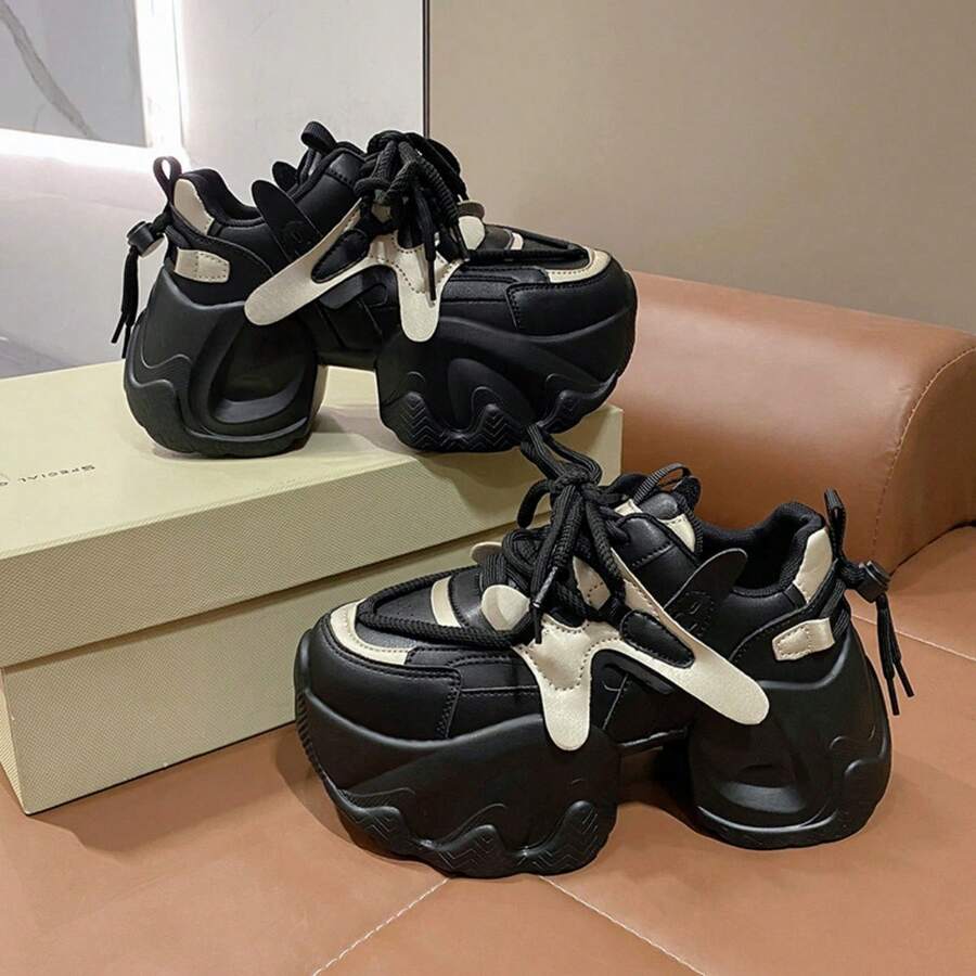 2024新款舒適綁帶休閒女鞋,具厚底平台楔形鞋底設計 - 黑色 - 查看 1