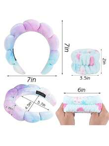 3入組spa洗臉頭帶及手帶套裝,含海綿,化妝護膚頭帶、手部毛巾泡泡柔軟蝶染髮帶 - 紫羅蘭色 - 查看 2