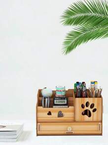 1 件桌面收纳盒桌面收纳盒带 6 个隔层和 1 个抽屉多功能笔筒适用于办公桌文具收纳盒桌面存储桌面配件适用于办公用品家庭学校 - 棕色 - 查看 1