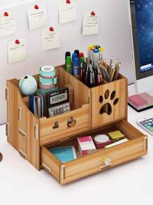 1 件桌面收纳盒桌面收纳盒带 6 个隔层和 1 个抽屉多功能笔筒适用于办公桌文具收纳盒桌面存储桌面配件适用于办公用品家庭学校 - 棕色 - 查看 3