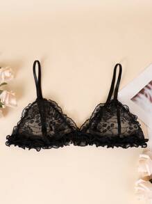 Women's Black French Style Wireless Triangle Cup Lace Bralette For Small Bust - Black - View 1
