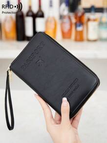 CHARM INFINITE Rfid Blocking Creative Airplane Passport Holder, Fashion Wallet For Airline Ticket, Credit Card & Multifunctional Zipper Passport Case With Wrist Strap Travel Stuff Travel Organiser Travel Items Travel Wallet Passport Holder Passport Wallet Beach Vacation Bag Summer Christmas Vacation - Black - View 3