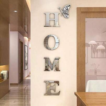 1 Set 5 Stücke 3D Acrylspiegel Wandsticker mit Buchstaben "HOME" für Wohnzimmer, Korridor, Eingangstür Dekoration