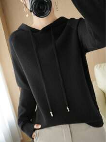 Suéteres para Mujer de Manga Larga con Capucha, Suéter de Punto Acanalado Cuello Redondo - Negro - Ver 4