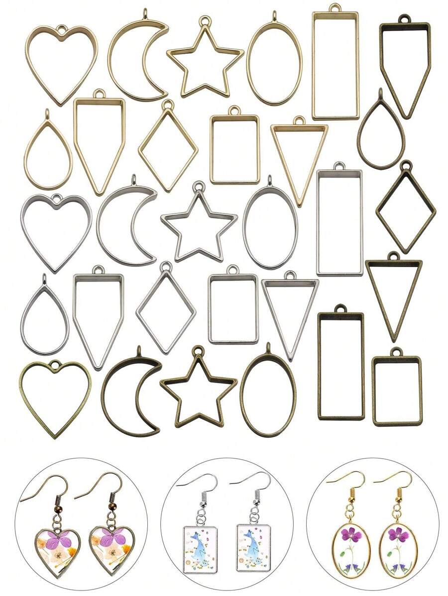 10/15/30 件时尚合金开口边框用于树脂首饰制作套件空心框架吊坠树脂工艺品各种几何框架饰物用于树脂铸造项链耳环制作用品 - 彩色 - 查看 1