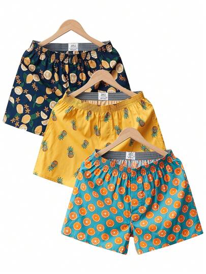 3 Pairs Men's Fruit Print Loose Fit Pajama Pants