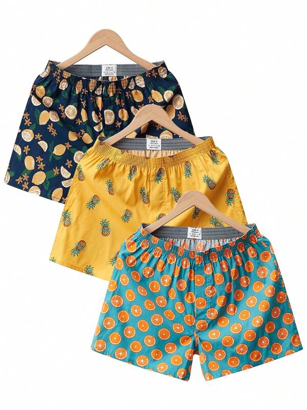 3 Pairs Men's Fruit Print Loose Fit Pajama Pants