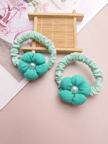 2pcs Children'S Hair Ties, Pearl Fabric 3d Flower Scrunchies For Girls' Ponytail, Non-Slip - Green - View 1