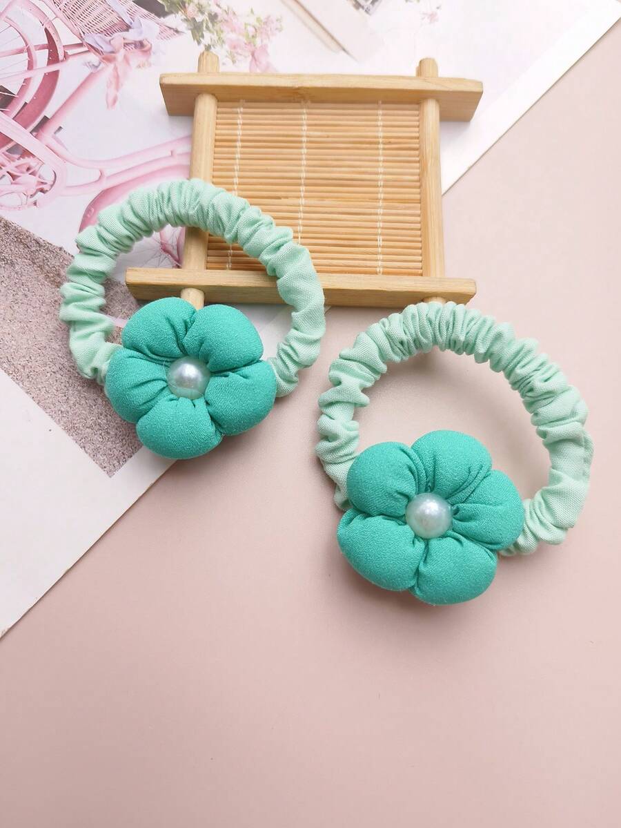 2pcs Children'S Hair Ties, Pearl Fabric 3d Flower Scrunchies For Girls' Ponytail, Non-Slip - Green - View 1