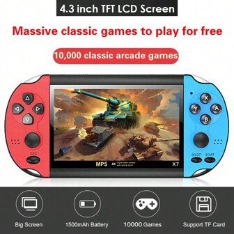 AyeBeau Portable Gaming Console With 8g Memory, 4.3-Inch Classic Retro Video Games Player With Dual Joystick For Kids, Blue Color