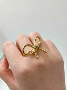 1 件時尚可愛誇張蝴蝶結鍍金不銹鋼戒指適合女士日常佩戴和節日禮物 - 金色 - 查看 3