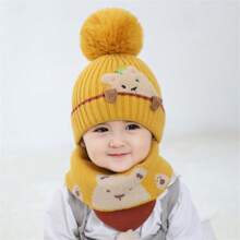 嬰兒帽子圍巾套裝,可愛保暖耳保護帽與圍巾組合套裝,冬季適用於男女嬰兒 - 黃色 - 查看 6