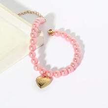 Gold Color Heart Shaped Pendant Faux Pearl Cat & Dog Designed Necklace - Pink - View 4