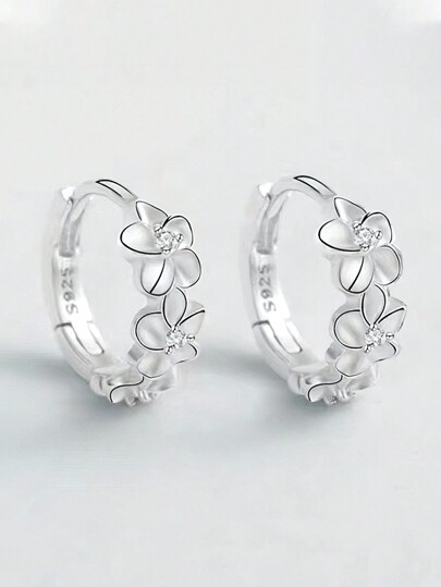 1pair Ladies' Delicate Jewelry S925 Silver Flower Ear Studs, Simple Camellia & Cubic Zirconia Earrings, Bestie Loop & Dangle Accessory, Floral Shape Ear Rings, Small Gift