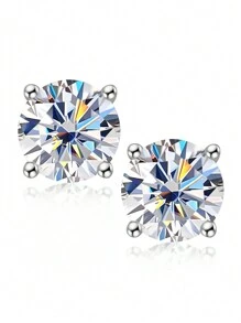 1對 5 毫米 4 爪圓形方晶鋯石銀質經典耳釘時尚首飾母親節禮物女童 - 銀色 - 查看 2