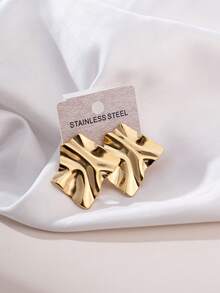 1對女款不銹鋼折疊幾何耳環,18k金鍍極簡風耳環 - 金色 - 查看 2