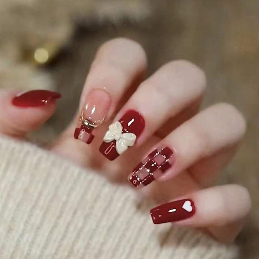 可穿戴指甲片，可拆卸，甜心蝴蝶和棋盘格图案，冬季美甲，适合新年，春节，酒红色，新娘婚礼，纯米色可穿戴红色美甲，非常适合派对，约会，情人节 - 紅白色 - 查看 1