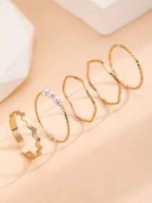 5 cái/bộ Đúng mốt Hợp kim kẽm Đồ trang trí Ngọc Trai giả Nhẫn Đối với phụ nữ Để Trang Trí Hàng Ngày - Vàng - Xem 6