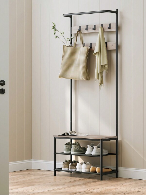 VASAGLE Appendiabiti da Ingresso con Panca Scarpiera, Attaccapanni con 9 Ganci Rimovibili e Barra Appendiabiti, 32,2 x 64 x 180 cm, Camera da Letto, Industriale, Greige e Nero