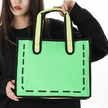 3D Cartoon Contrast Color Tote Bag Women Fashion Canvas Handbag - Green - View 3