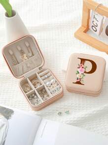 1入組A-Z字母印花粉色珠寶收納盒，戒指收納盒，項鍊收納盒，耳環收納盒，女士首飾收納盒，聖誕節禮物，生日禮物，給媽媽、伴娘、朋友的禮物