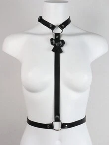 1入女士黑色蝴蝶領帶設計領圈和束縛腰帶,仿皮革,朋克風馬口鐵牛仔襯衫內衣配飾,夜衣,派對吊帶腰帶 - 黑色 - 查看 3