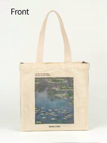 Claude Monet Water Lilies Oil Painting Art Canvas Tote Bag For Women Girl Reusable  Tote Bag Foldable Large Capacity Leisure Shopping Bag