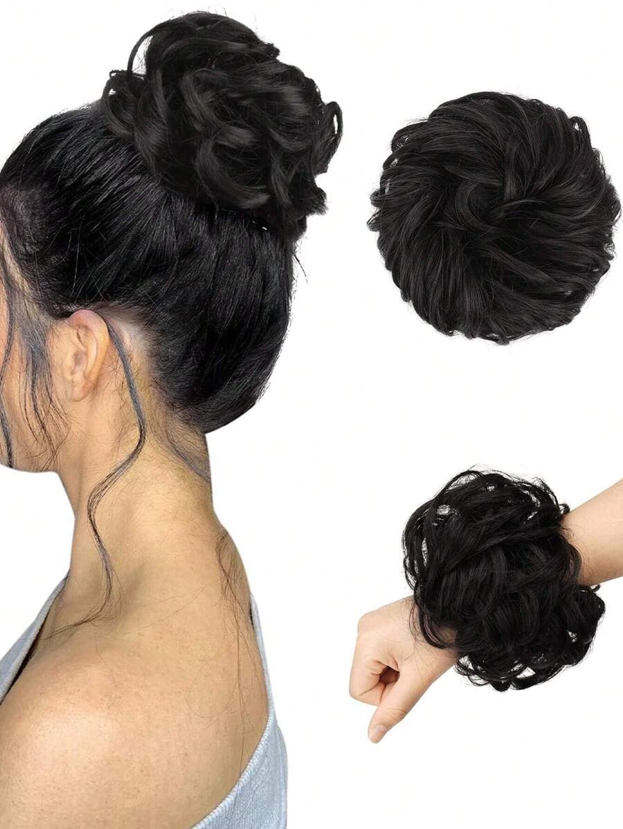 0.9盎司（4个）天然黑色波浪凌乱发髻发圈，合成蓬松发髻假发片，适合女性和女孩 - Black-brown - 查看 1