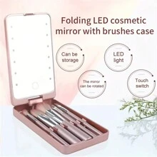 Led Portable Makeup Mirror With Rotating Folding Mirror, Brush Holder And Storage Box Vanity Mirror For Home Tabletop Decoration, Bathroom, Dresser Vanity & Countertop Bedroom Travel Dormitory Mirror Women Gift - White - View 3