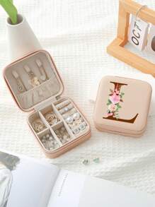 1入組A-Z字母印花粉色珠寶收納盒，戒指收納盒，項鍊收納盒，耳環收納盒，女士首飾收納盒，聖誕節禮物，生日禮物，給媽媽、伴娘、朋友的禮物