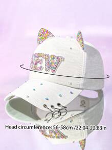 1件女性新款時尚防曬棒球帽,可愛的動物耳設計和彩色鑽石裝飾,適合日常休閒運動穿著 - 白色 - 查看 5