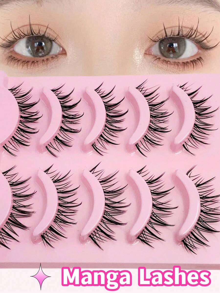 Asiteo 5 Pairs Manga Lashes Soft Lashes Natural Look Wispy Faux Mink Full Strip Eyelashes Daily Dating Makeup - Black - View 1