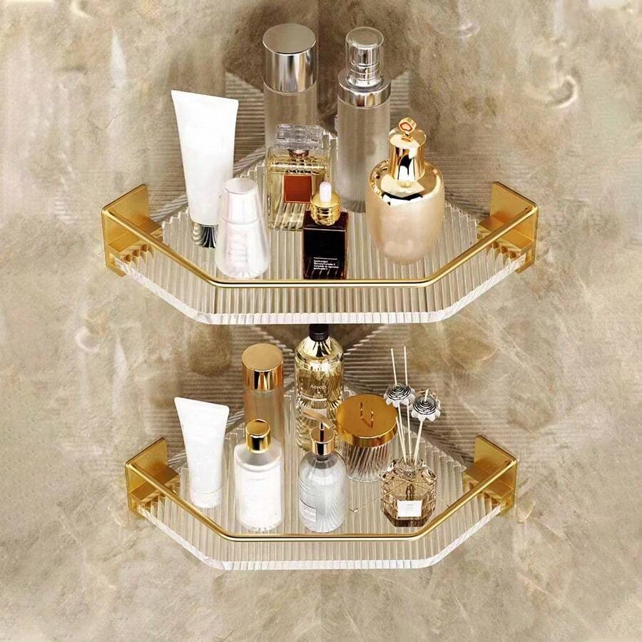 Gold & Clear Triangle Bathroom Storage Rack For Toiletries And Cosmetics, No-Drill