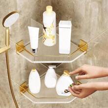 Gold & Clear Triangle Bathroom Storage Rack For Toiletries And Cosmetics, No-Drill