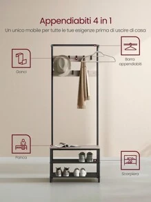 VASAGLE Appendiabiti da Ingresso con Panca Scarpiera, Attaccapanni con 9 Ganci Rimovibili e Barra Appendiabiti, 32,2 x 64 x 180 cm, Camera da Letto, Industriale, Greige e Nero