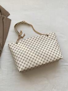 时尚金属板装饰链条肩带大容量单肩包和斜挎包，多种携带方式，菱形网格花朵和复古图案，适合通勤和女性的休闲手提包和单肩包 - 彩色 - 查看 5