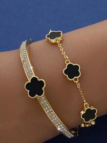 2 件/套时尚个性化五瓣花和方晶锆石手链套装适合女性约会、生日、女朋友礼物情人节、妈妈、母亲、母亲节、礼物 - 黑色 - 查看 4