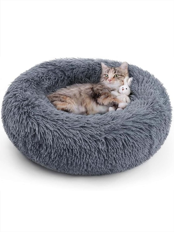 De Cama Redonda De Mascotas De Pelo Largo Gris Profundo No Desmontable, Suave Y Cómoda, Lavable A Máquina, Adecuada Para Gatos Y Perros Para Uso Diario Y Transporte Al Aire Libre, Adecuada Para Mascotas Pequeñas Y Medianas.