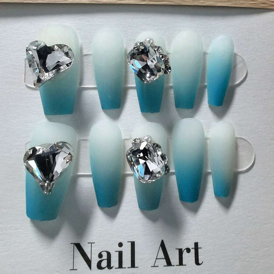 手工藍色漸層霧面指甲貼用於美甲,可拆卸 - 藍色 - 查看 1