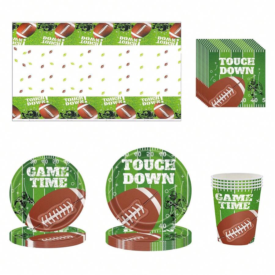 97件式橄欖球派對用品套件,可供24人使用,包括: 24個大盤子,24個小盤子,24條餐巾紙,24個杯子和1張餐桌布,適用於橄欖球派對、尾門派對和橄欖球派對裝飾。共97件。 - 綠色 - 查看 1