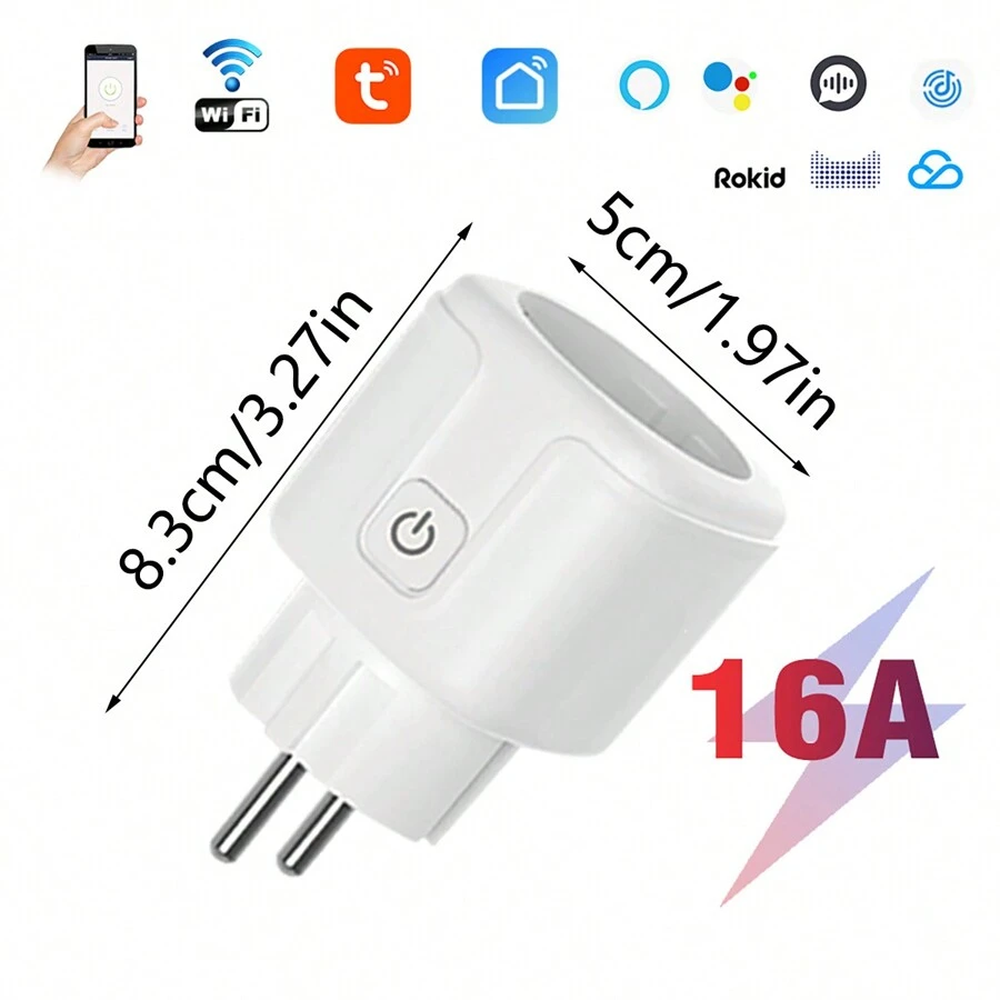1pc Smart Socket With Eu Plug, Tuya Wifi Smart Socket 16a With Electricity Counter, Voice Control Via Alexa, Remote Control Via Smart Phone, Compatible With Ifttt For Smart Home, With Timer Function - White - View 1