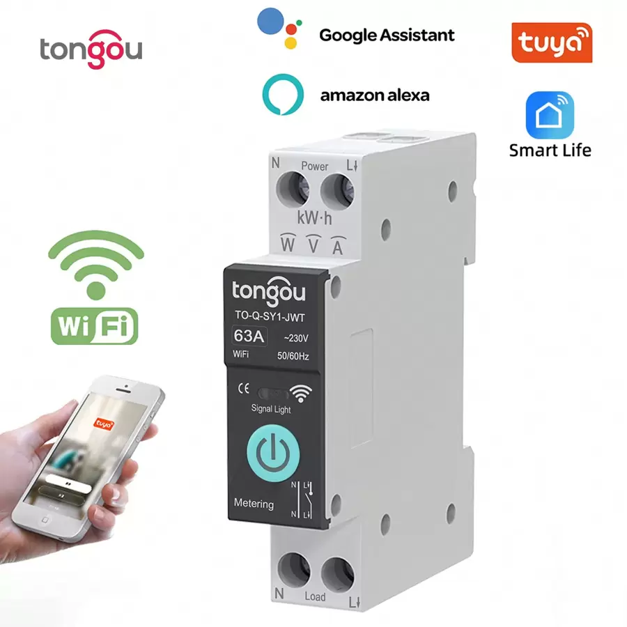 TONGOU 1入組TUYA WiFi智能開關斷路器，無線手機遠程控制Din軌道開關，4種定時模式功能，適用於家用電器以及智能家居