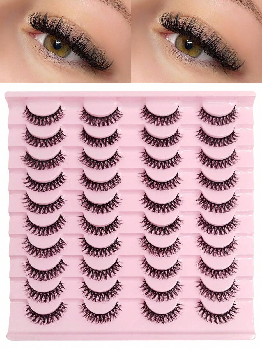 20 Pairs Full Strip Lashes D Curl Wispy False Eyelashes, Natural Soft Fluffy Volume Long Faux Mink Eyelashes - Black - View 1