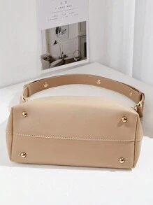 2件裝韓國版簡約大氣母包時尚可調式肩帶金屬環裝飾通勤上學母包旅行手提包單肩包水桶包大方包女包 - 卡其色 - 查看 9