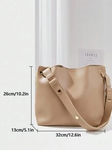 2件裝韓國版簡約大氣母包時尚可調式肩帶金屬環裝飾通勤上學母包旅行手提包單肩包水桶包大方包女包 - 卡其色 - 查看 3