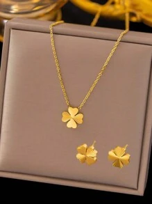 VceTd 一套 3 件简约清新的幸运草和花瓣设计项链和耳环套装，适合女性日常佩戴或作为情人节礼物套装 - 金黃色 - 查看 1