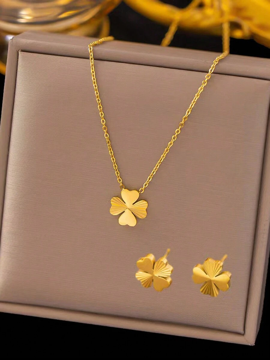 VceTd 一套 3 件简约清新的幸运草和花瓣设计项链和耳环套装，适合女性日常佩戴或作为情人节礼物套装 - 金黃色 - 查看 1