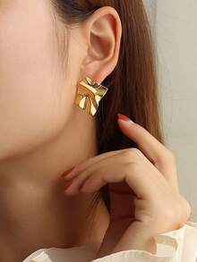 1對女款不銹鋼折疊幾何耳環,18k金鍍極簡風耳環 - 金色 - 查看 3