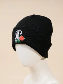 1pc Women's Knit Hat With Embroidered Scorpion & Rose Design For Winter - Black - View 1